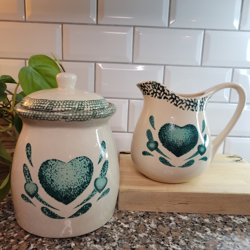 Vintage Ceramic Pitcher and Jar Set with Green Heart Design
